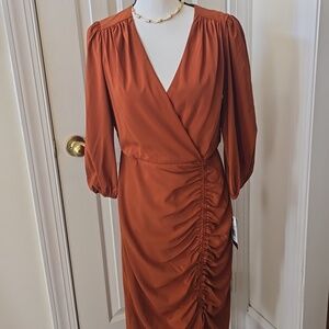 MAISON TARA BRAND WOMEN'S BROWN LONG SLEEVES CRISS-CROSS V-NECK DRESS SIZE 8